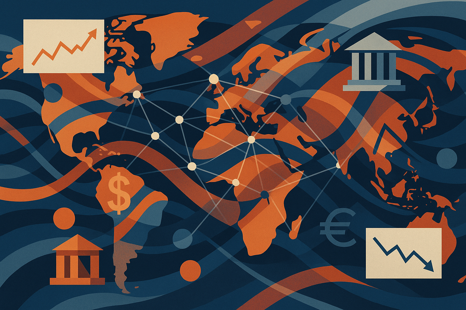 Global economic network showing interconnected financial centers adapting to multiple uncertainties in 2025