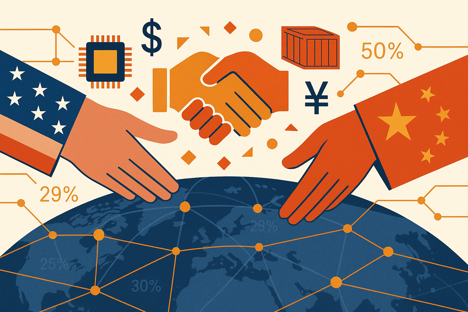 Editorial vector illustration symbolizing US-China trade relations and global tariffs. Hands with American stars and stripes and Chinese red and gold reach for a handshake over a world map, surrounded by semiconductors, cargo containers, currency symbols, and tariff percentages, representing tension and cooperation in the global economy.