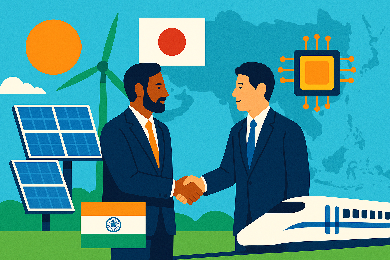 Flat vector illustration of India-Japan economic partnership showing handshake, solar panels, semiconductor chip, bullet train, wind turbine, and Indo-Pacific map, symbolizing clean energy and technology cooperation.