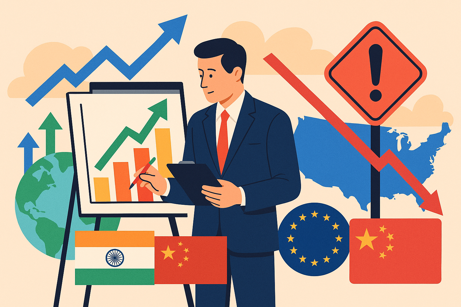 Editorial illustration of Fitch’s global growth forecast with optimism in India, China, and Europe, and slowdown risk in the U.S.