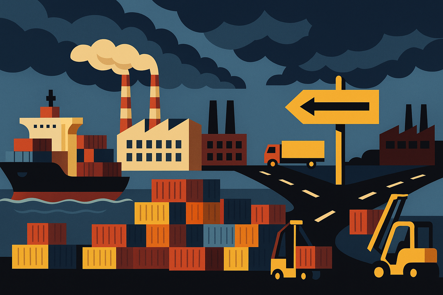 Illustration of global trade uncertainty with shipping containers, cargo ship, factories, and storm clouds.