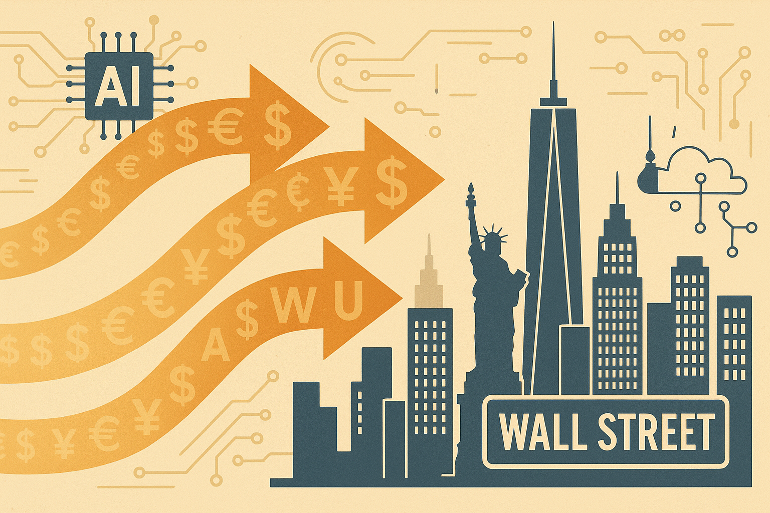 Flat-vector illustration of capital flows returning to the U.S. with arrows toward New York skyline and AI symbols.