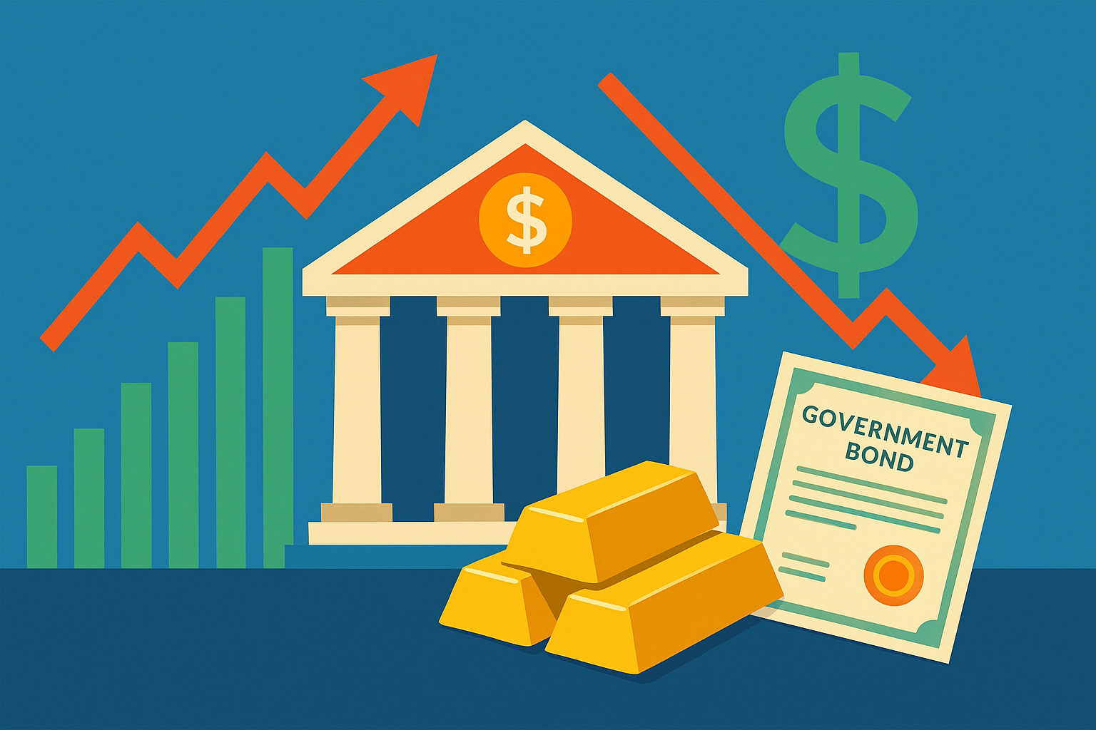 Illustration of central bank influence on markets with rising stocks, falling dollar, gold bars, and government bonds.