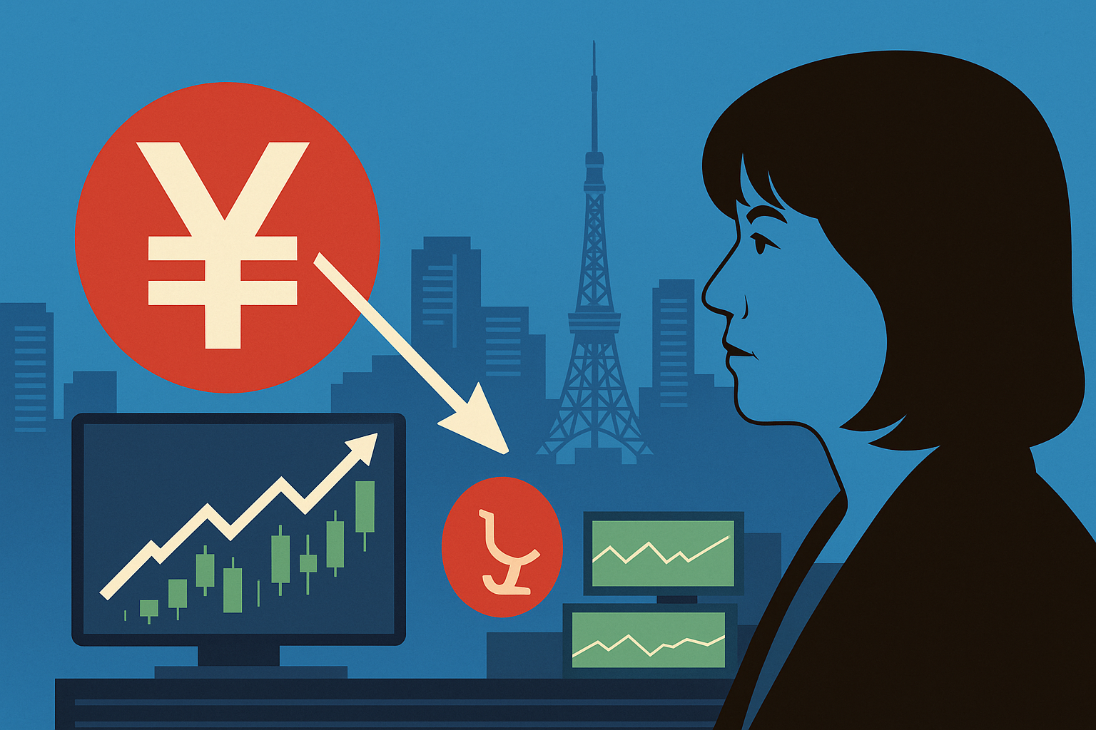 Illustration of Japan’s market rally showing a woman silhouette, yen symbol, and Tokyo skyline.