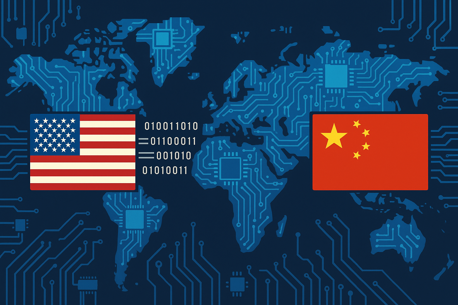 Vector illustration of U.S.–China technology tensions, showing both national flags on opposite sides of a digital world map made of circuit boards and binary code.