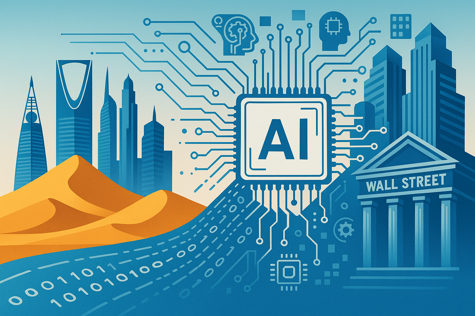 Vector illustration of Saudi Arabia’s skyline merging with AI circuitry and Wall Street buildings, symbolizing the nation’s shift from megaprojects to tech investments.