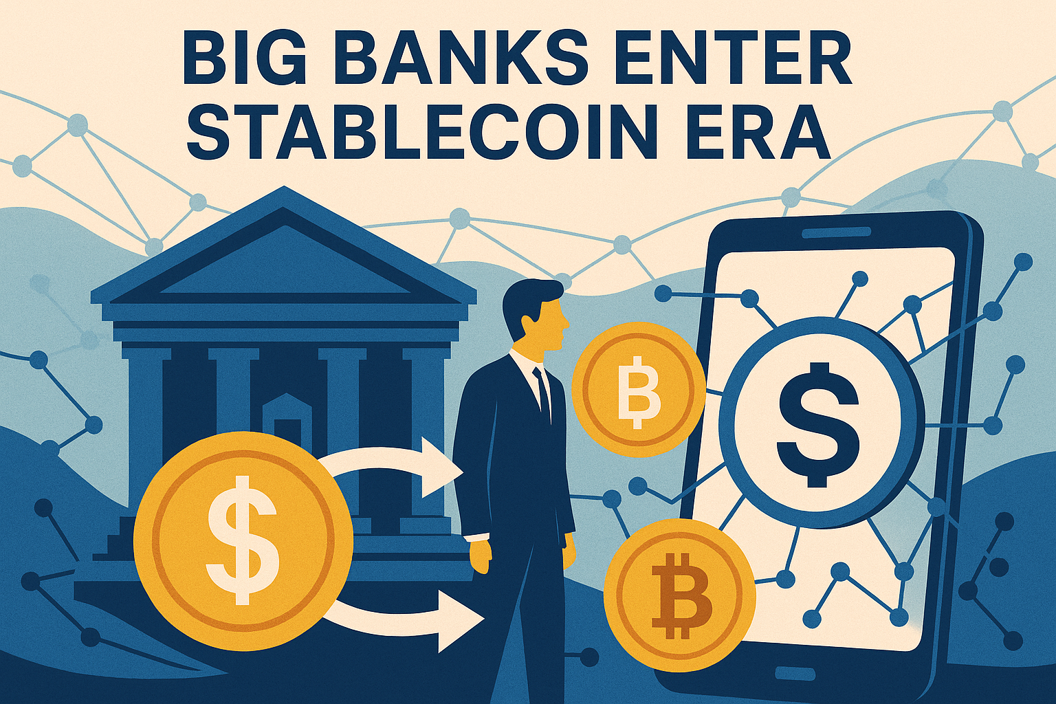 Vector illustration showing the convergence of traditional banking and blockchain, with a bank, businessman, coins, and smartphone connected by network lines.