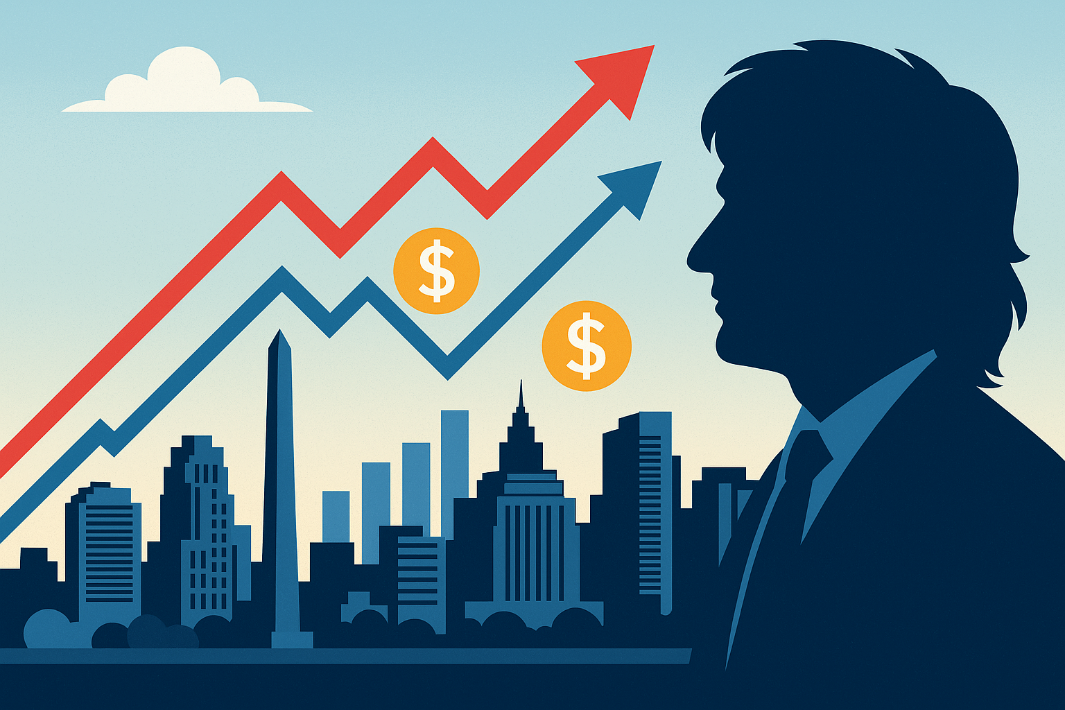 Illustration of Javier Milei’s silhouette against Buenos Aires skyline with rising financial graphs and peso symbols.