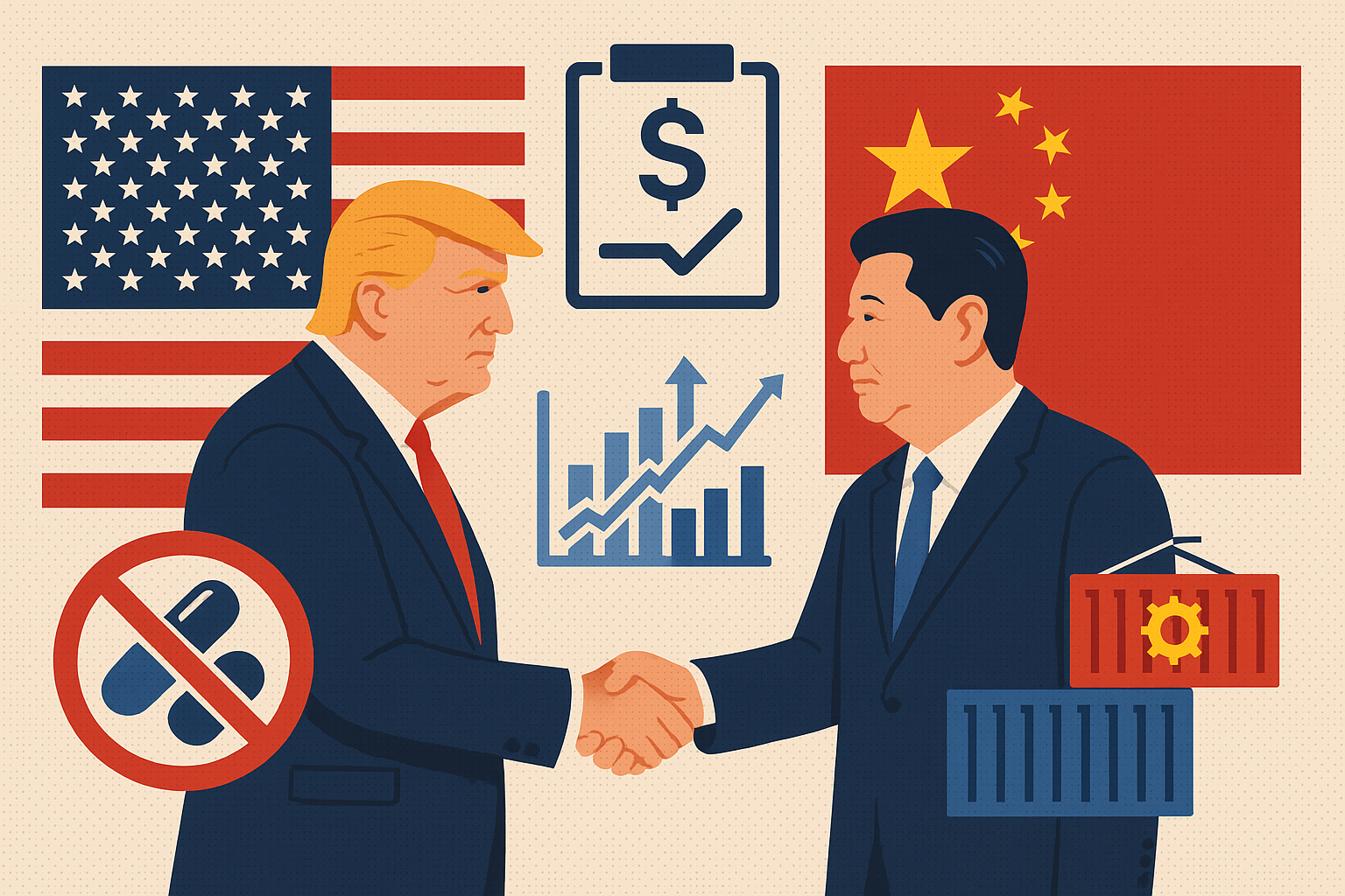 Donald Trump and Xi Jinping shaking hands with trade and fentanyl symbols in the background.