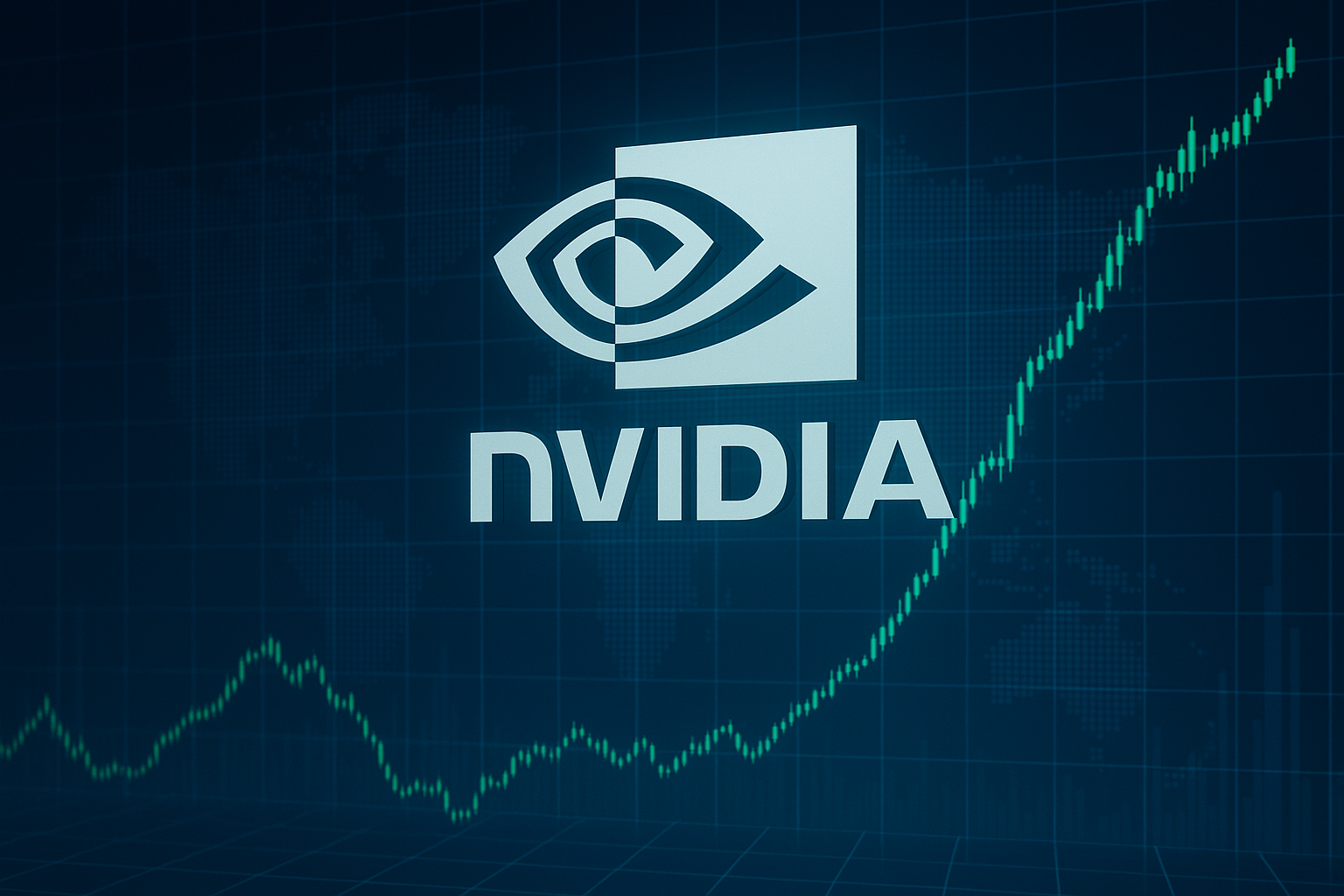 NVIDIA logo over a dark blue world map background with an upward-trending financial graph. Title: NVIDIA Market Surge Illustration