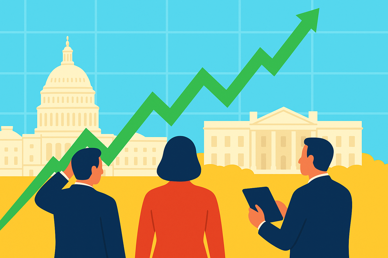 Bright vector illustration of investors observing a rising stock graph with the U.S. Capitol and White House in the background.