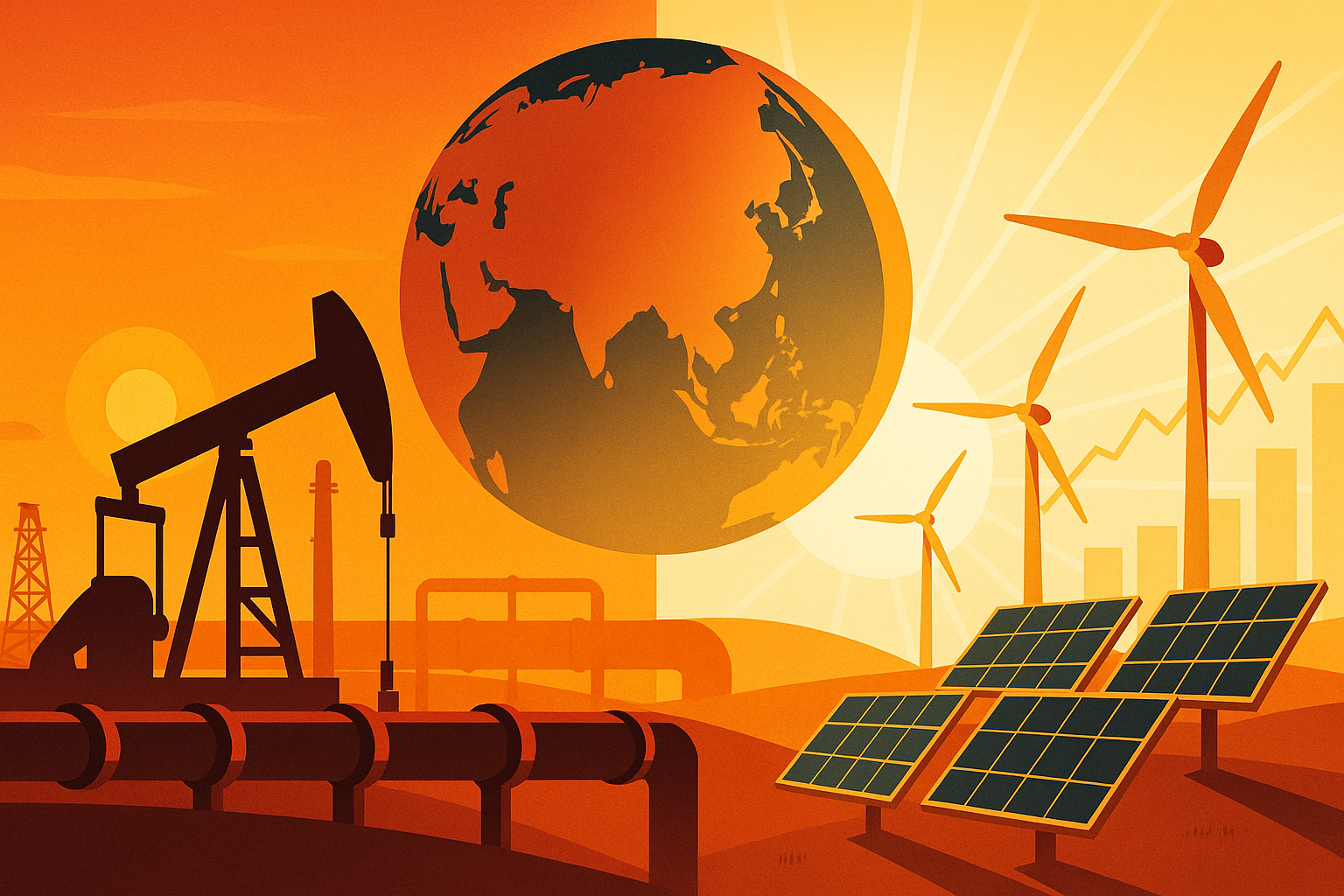 Illustration comparing fossil fuel and renewable energy sectors with a globe centered on Asia.