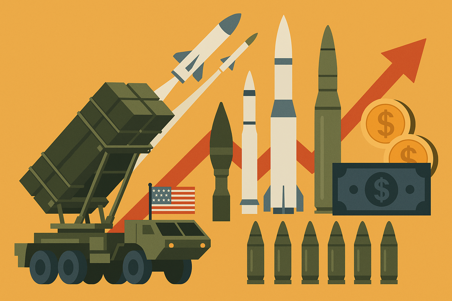 A flat-vector illustration showing U.S. military equipment and financial symbols, representing how the Gaza conflict has boosted demand for American defense companies.