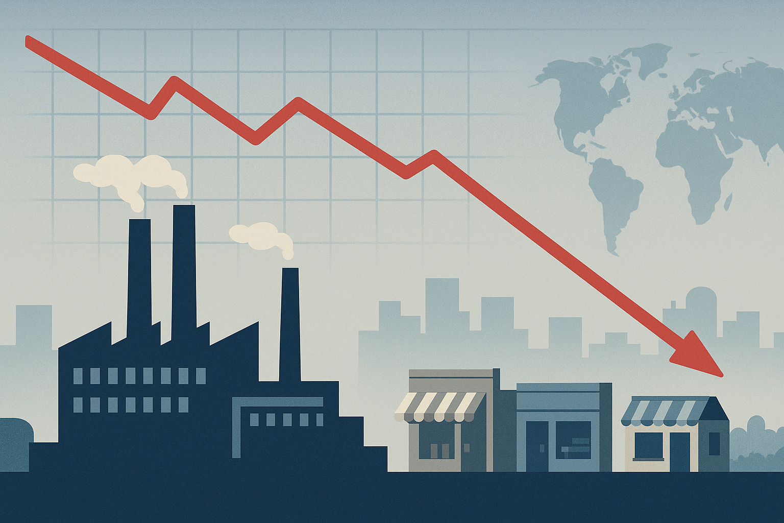 Flat-vector illustration showing China’s economic slowdown with a declining red chart line, factory buildings, small retail shops, and a world map in the background.