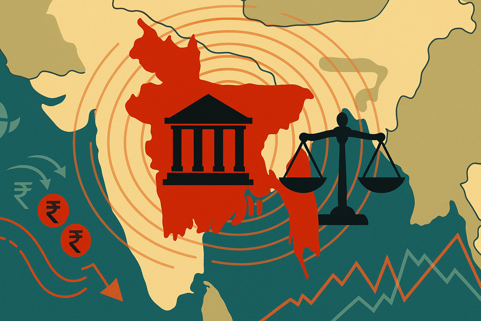 Vector illustration of Bangladesh showing a courthouse silhouette and abstract justice symbols amid regional tension motifs.