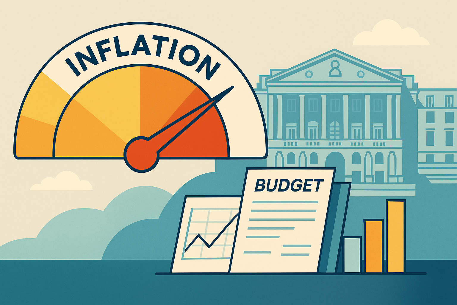 A flat-vector illustration showing a declining inflation gauge and the Bank of England against a modern economic backdrop.