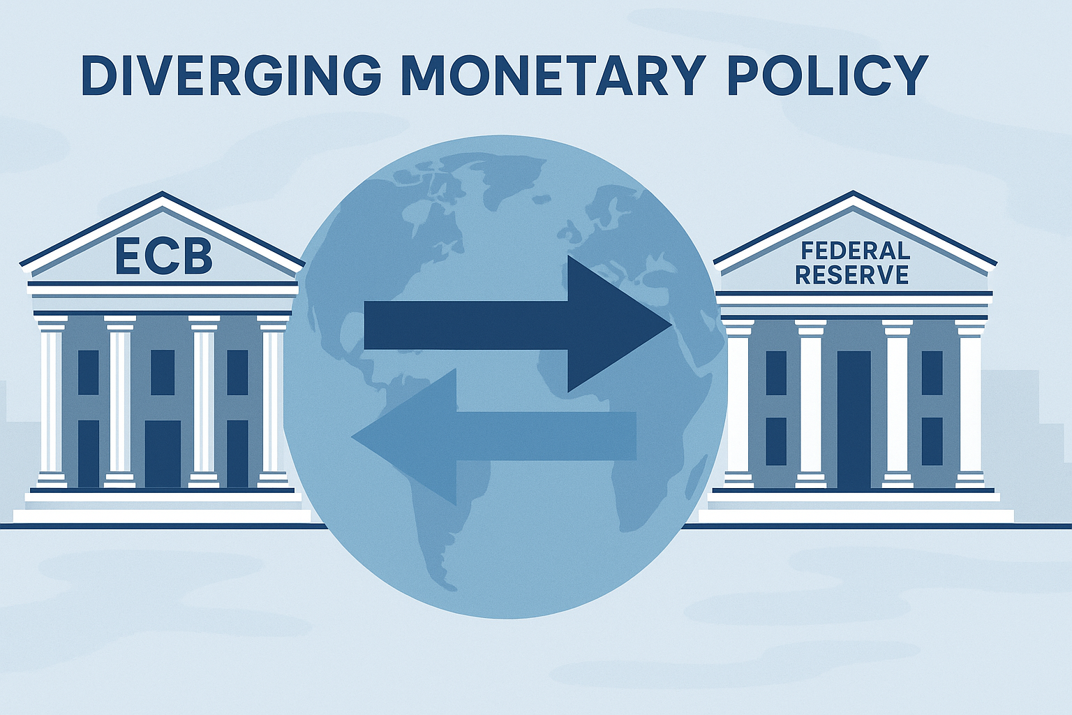 Diverging paths of ECB and Fed monetary policies illustrated with two central bank buildings. Title: ECB and Fed Policy Divergence
