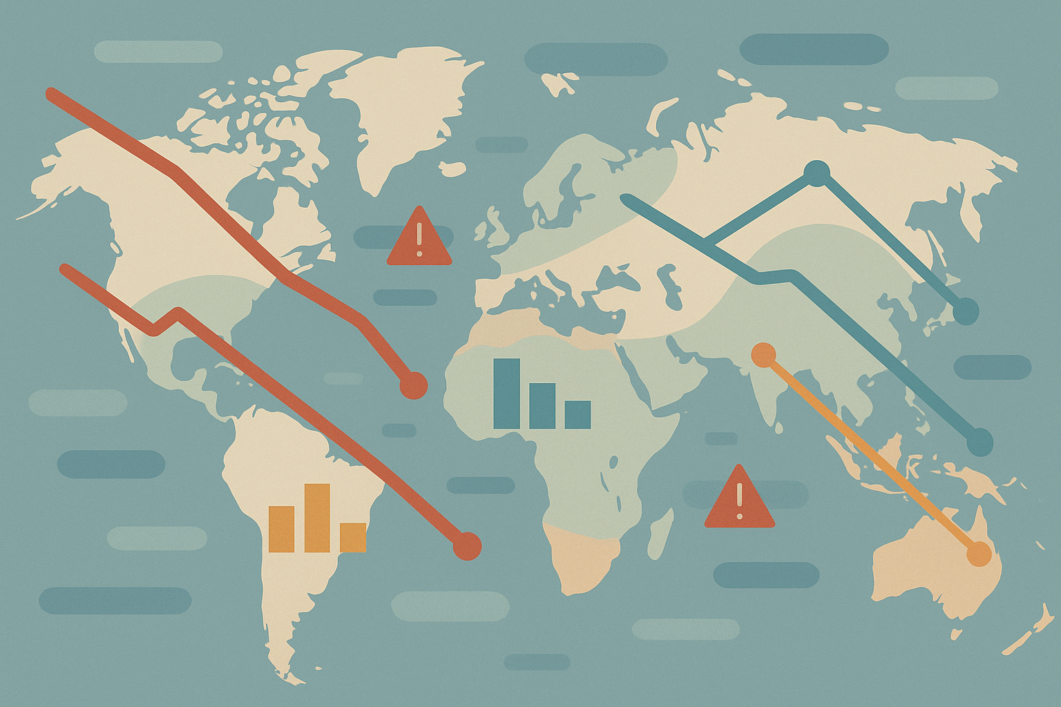 A flat-vector editorial illustration showing a stylized world map with declining economic indicators representing weakening G20 growth.