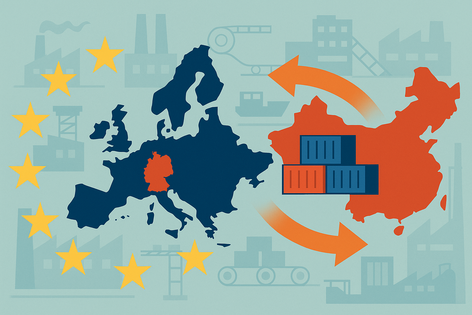 An editorial vector illustration showing the EU forming a defensive barrier toward China, with trade arrows and Germany highlighted inside the EU map.