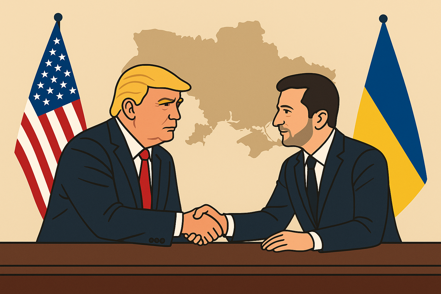 A flat-vector illustration showing U.S. President Donald Trump and Ukrainian President Volodymyr Zelensky shaking hands across a table, with U.S. and Ukrainian flags and a regional map in the background.