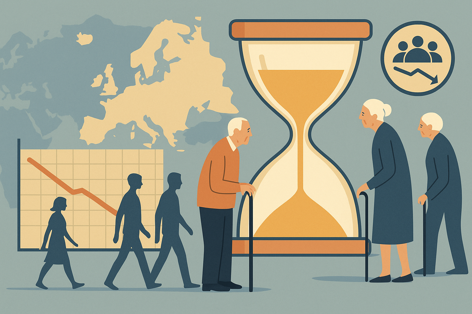 Vector illustration showing an ageing population and a symbolic time bomb with clocks and declining labor-force icons, representing demographic risks to global economic growth.