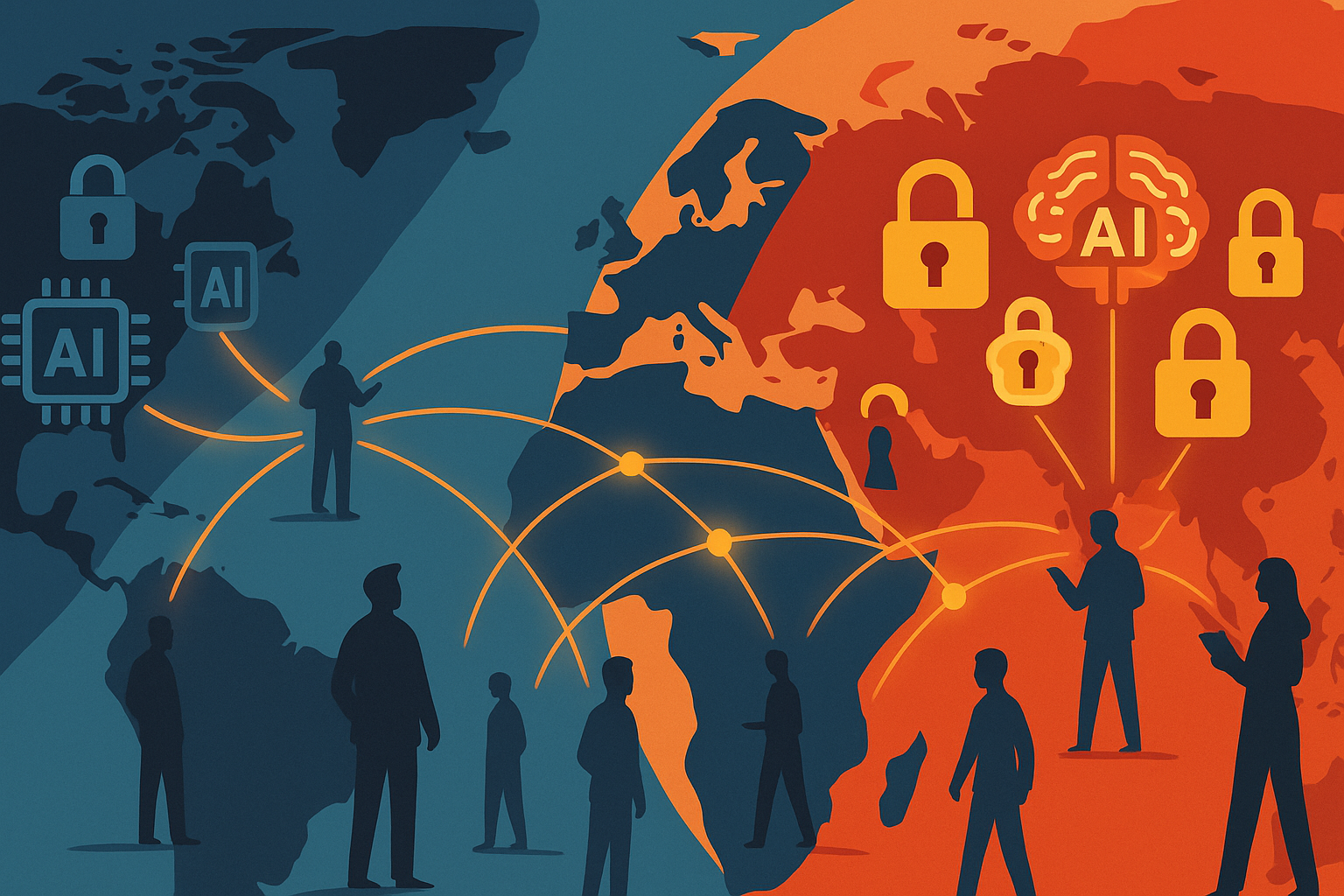 Flat-vector world map showing China as a major hub for open AI models connected by neural-network lines to the rest of the globe, with the US as a second hub of more closed AI systems.
