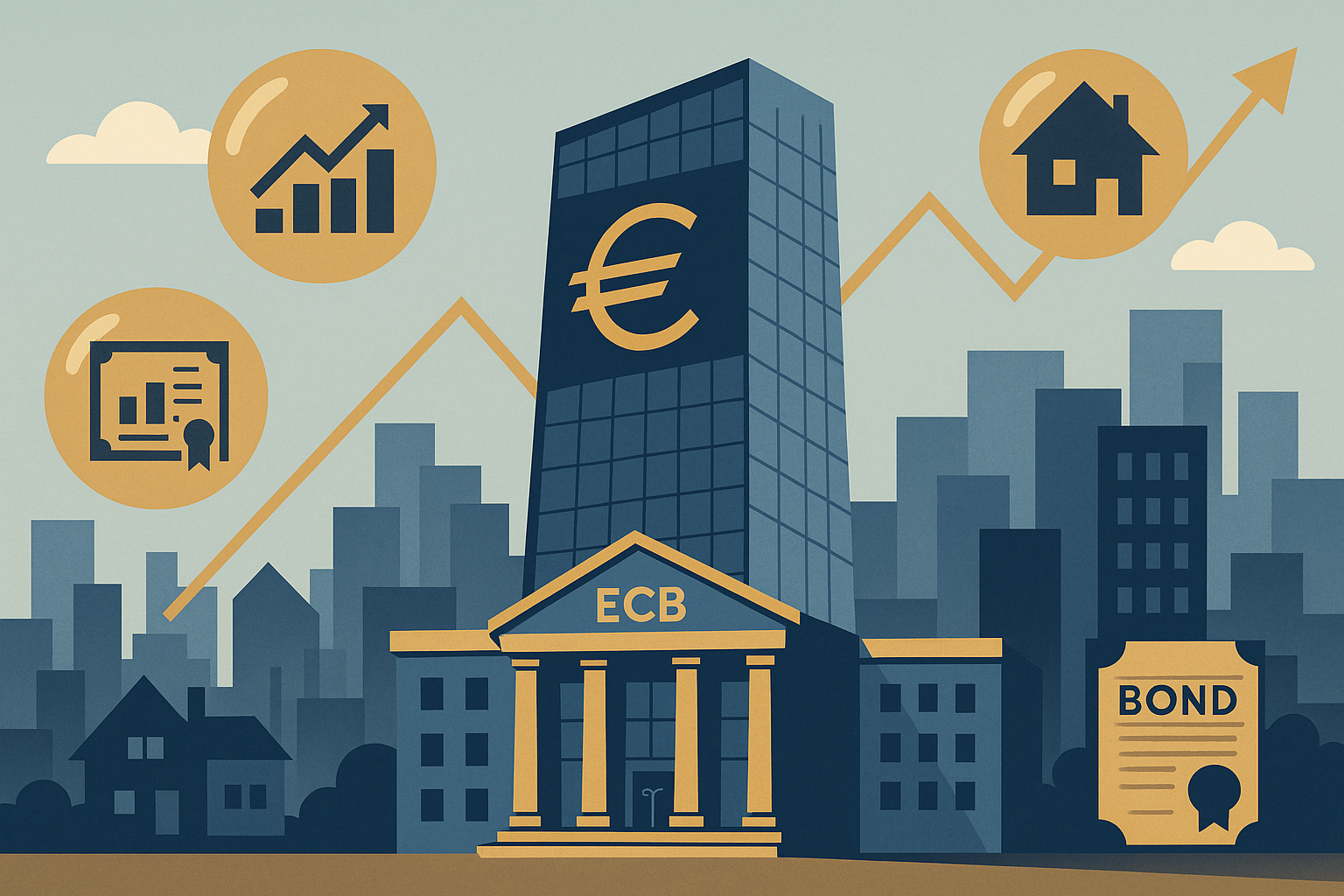 A flat-vector illustration of the European Central Bank building with rising asset-price charts and valuation bubbles, representing financial-stability risks in Europe.