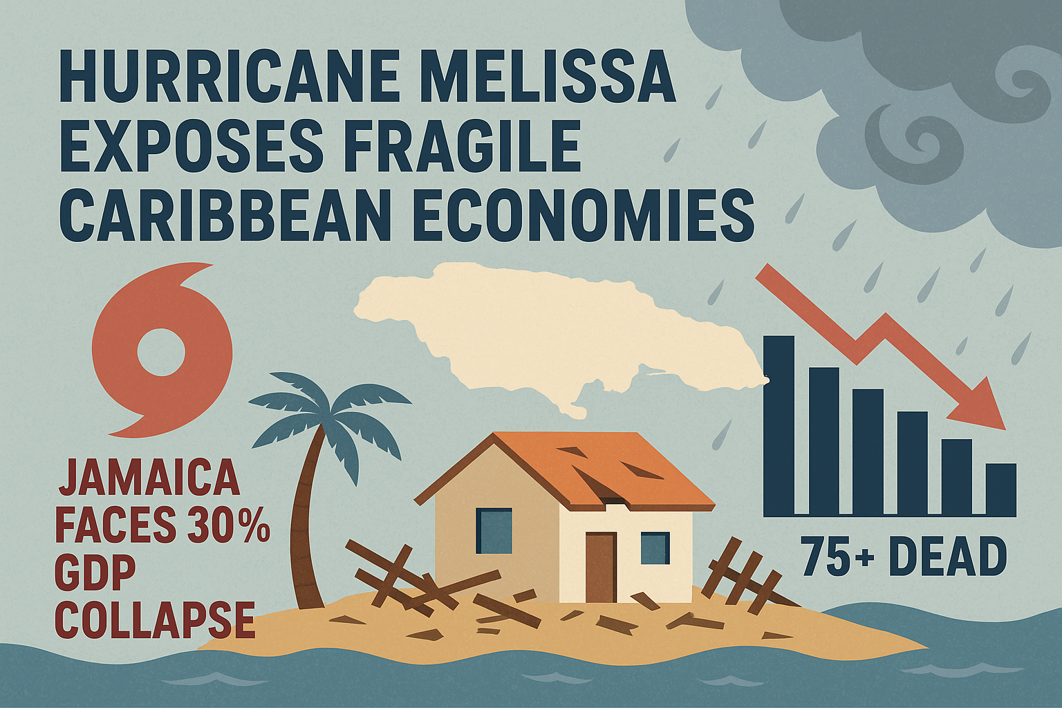 Illustration showing hurricane damage in the Caribbean with text “Hurricane Melissa Exposes Fragile Caribbean Economies,” featuring a broken house, a fallen palm tree, Jamaica map, and a downward GDP chart.