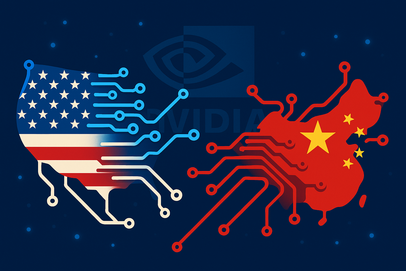 Vector illustration of US and China shaped as circuit boards symbolizing the AI race, with the Nvidia logo in the background.