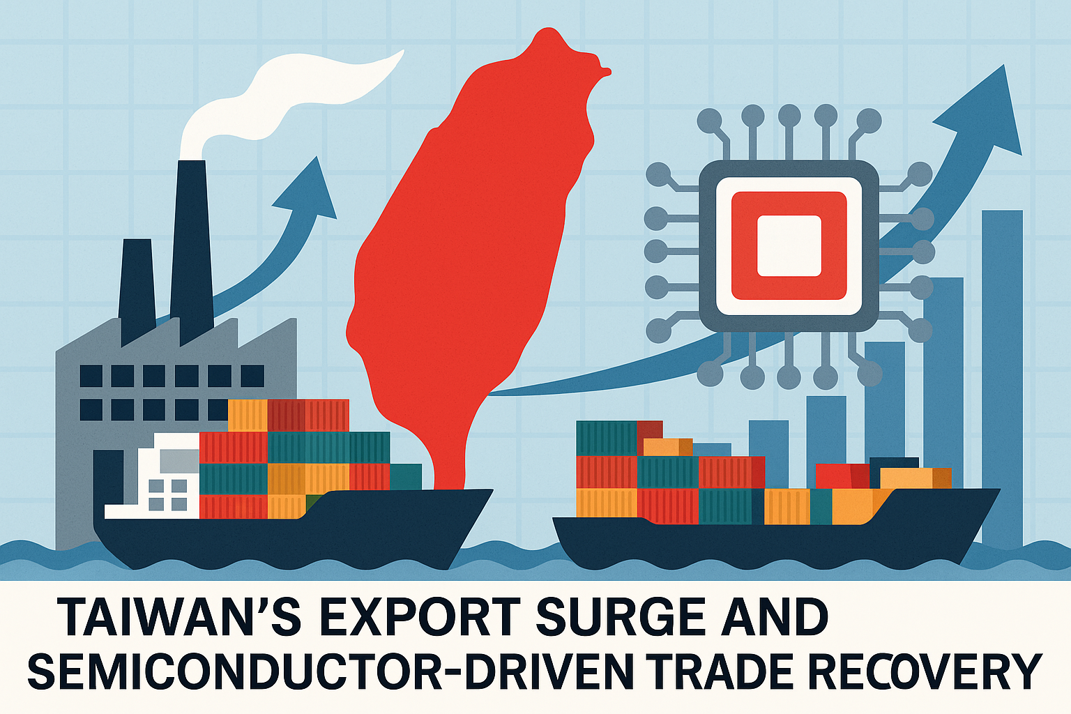 Illustration of Taiwan’s export surge showing factories, container ships, a red silhouette of Taiwan, and a semiconductor chip symbolizing tech-driven trade growth.
