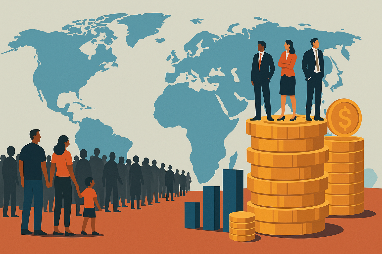 Vector illustration showing a symbolic global wealth divide, with wealthy individuals on large stacks of coins contrasted against a larger group with minimal assets.