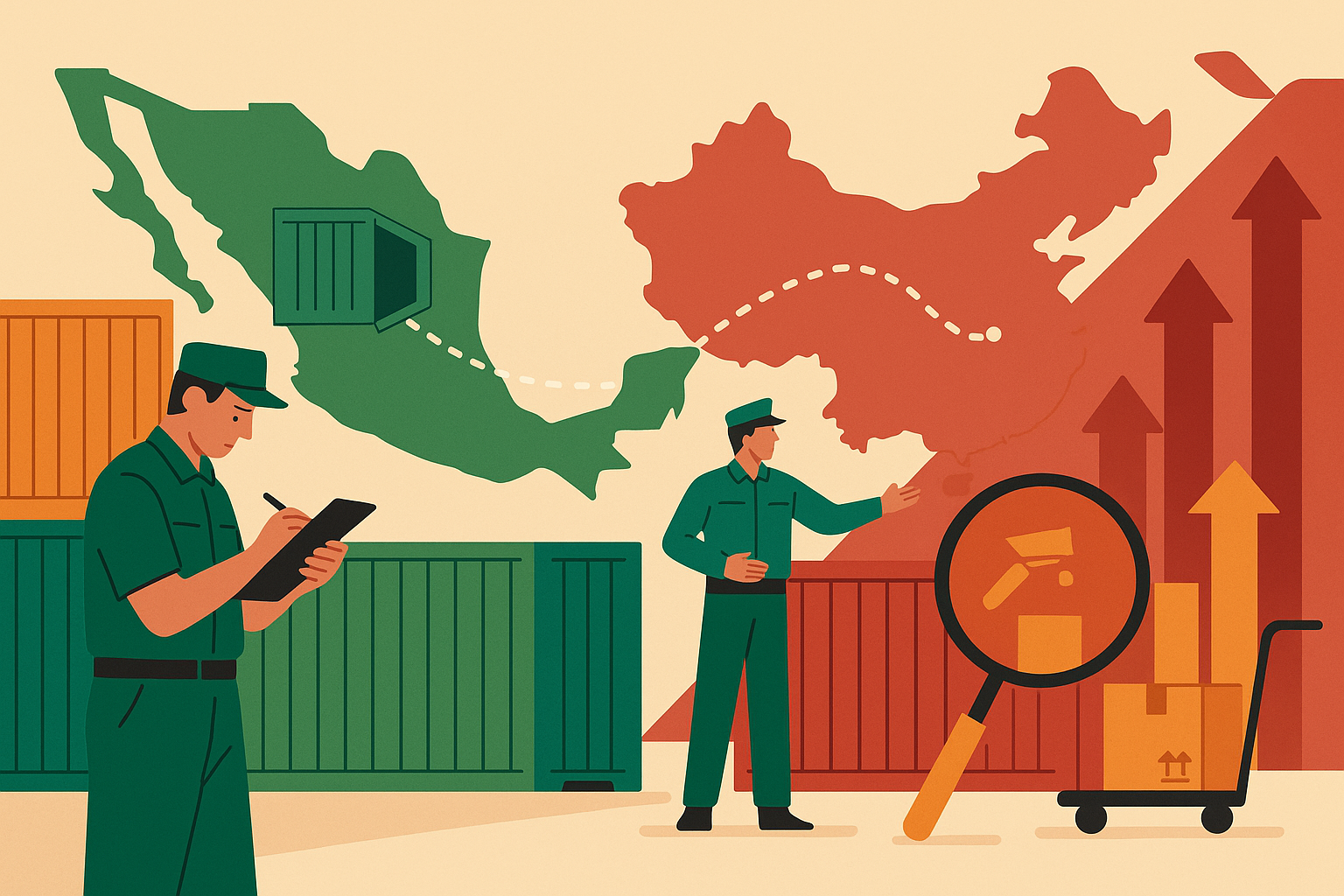 Vector illustration showing Mexico tightening trade controls on Asian imports, with cargo containers and symbolic tariff indicators.