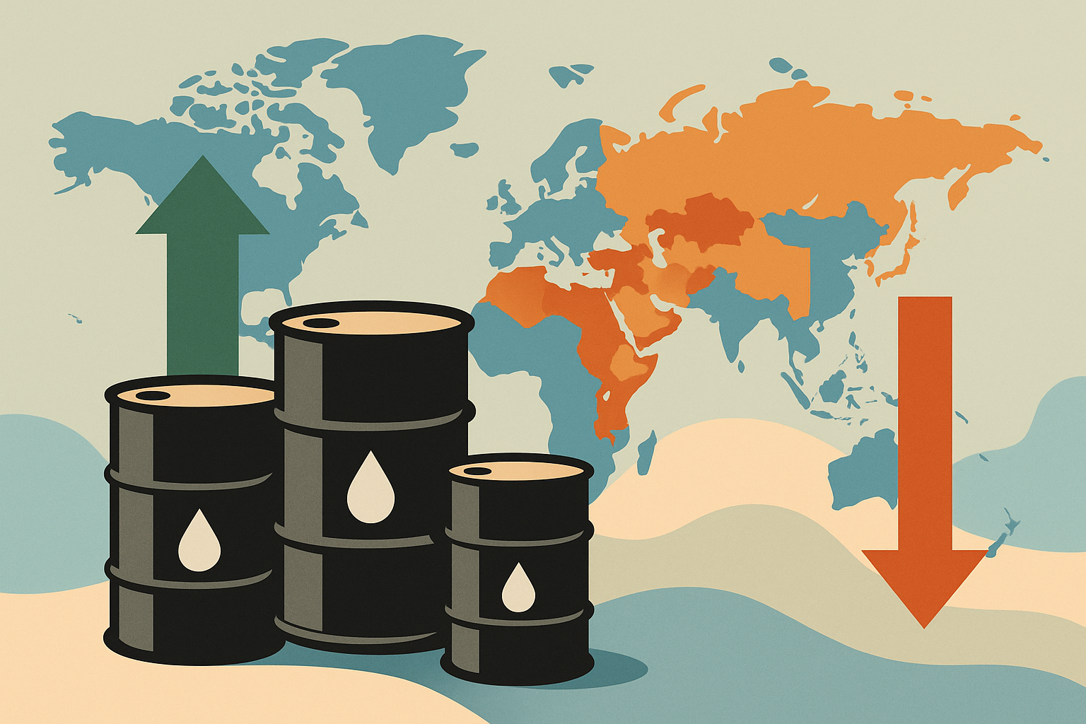 Flat-vector illustration showing oil barrels, a world map silhouette, and arrows symbolizing global supply pressures related to OPEC+.