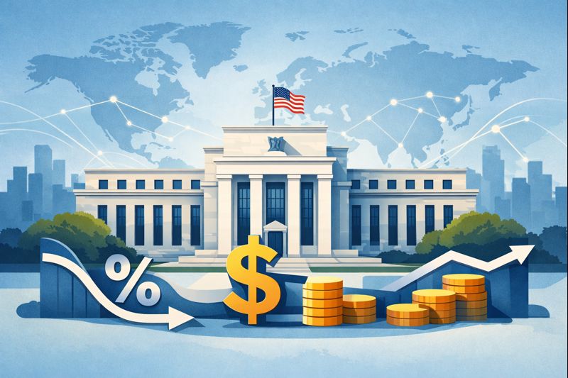 Illustration showing the U.S. Federal Reserve signaling patience on interest rate cuts, with calm financial symbols and global market connections.