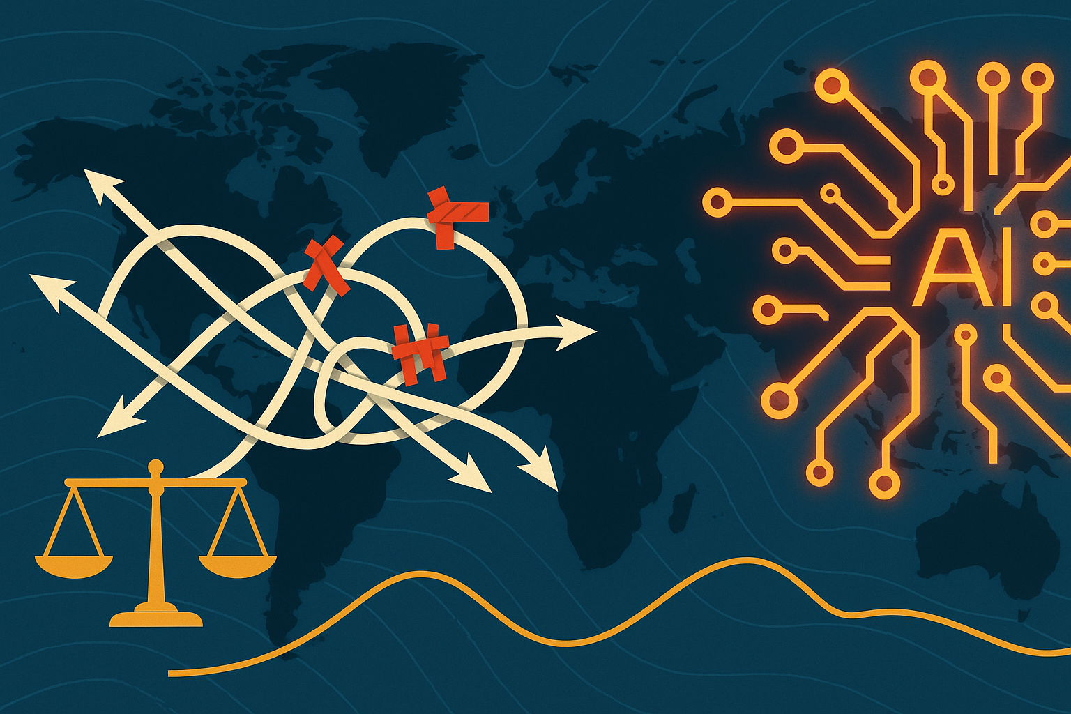 A flat-vector illustration showing a world map with tangled trade arrows and glowing AI circuit motifs, symbolizing global growth pressures from tariffs and the AI boom.