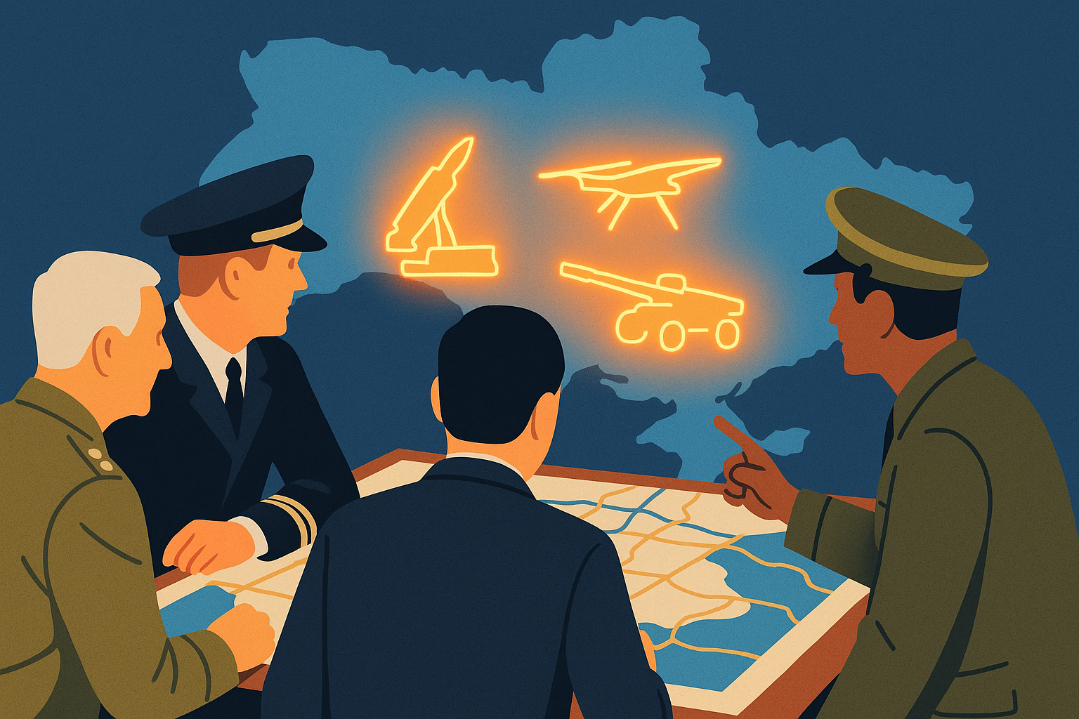 Vector illustration showing NATO officials coordinating around a strategic map with highlighted U.S. weapon systems and a faint outline of Ukraine.