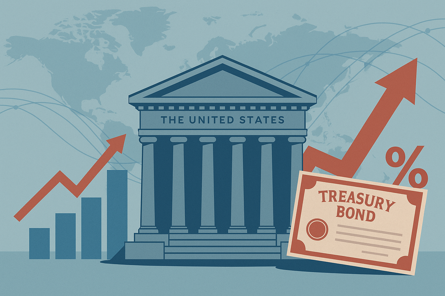 Flat-vector illustration of the U.S. Treasury building with symbolic rising debt indicators such as bar charts and interest-rate arrows, representing America’s $30 trillion federal debt milestone.
