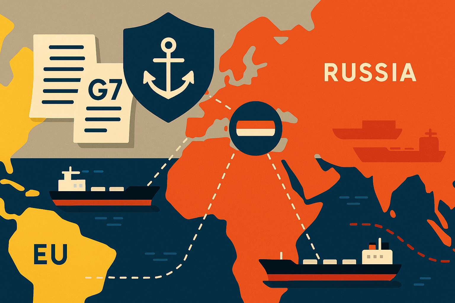 Vector illustration of global oil tankers, EU–G7 policy symbols, and maritime restriction icons representing new sanctions discussions on Russian oil exports.