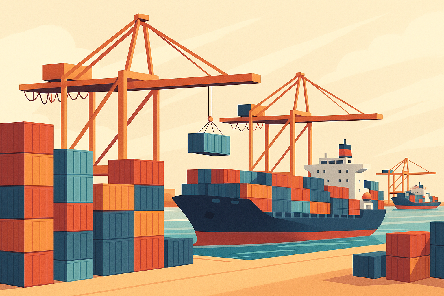 A flat-vector illustration of a busy Chinese port with cargo ships, cranes, and rising stacks of shipping containers, symbolizing China’s record trade surplus.