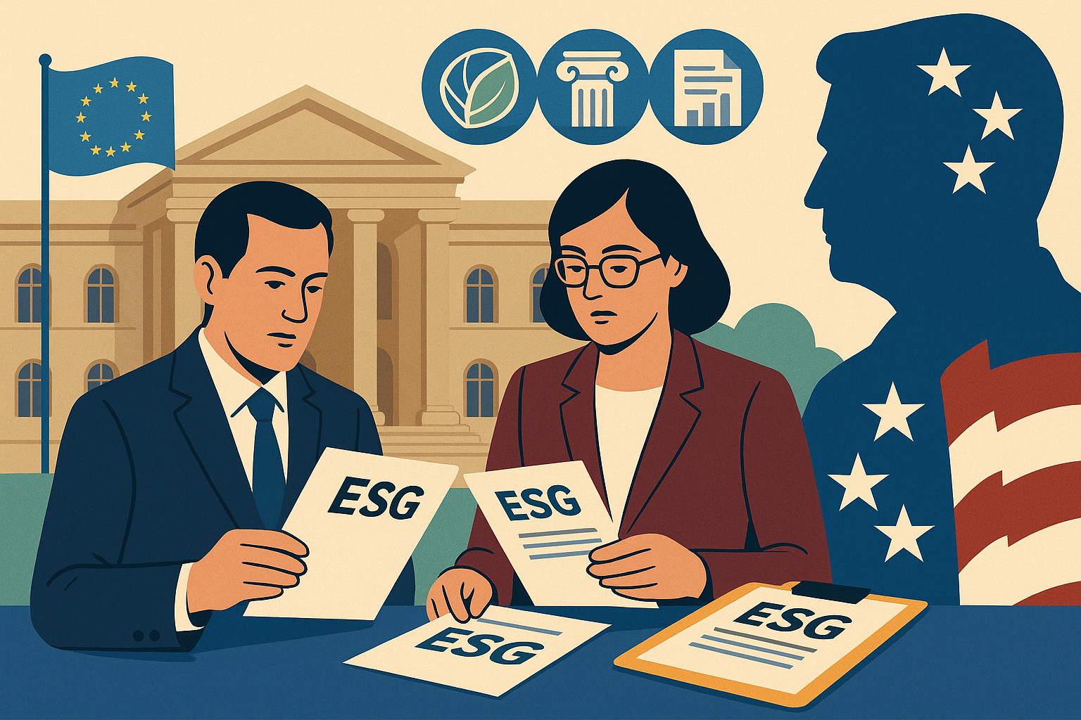 Illustration of EU officials reviewing ESG policy documents while subtle U.S. influence imagery appears in the background, symbolizing America’s pressure on Europe’s sustainability rules.