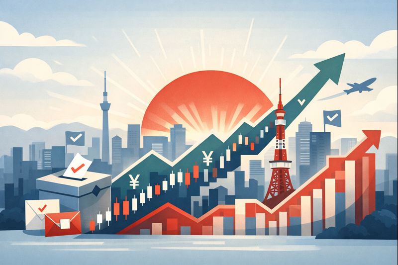 Japan stock market rally illustrated with rising charts and a stylized Tokyo skyline, symbolizing election-driven investor optimism and fiscal policy expectations.