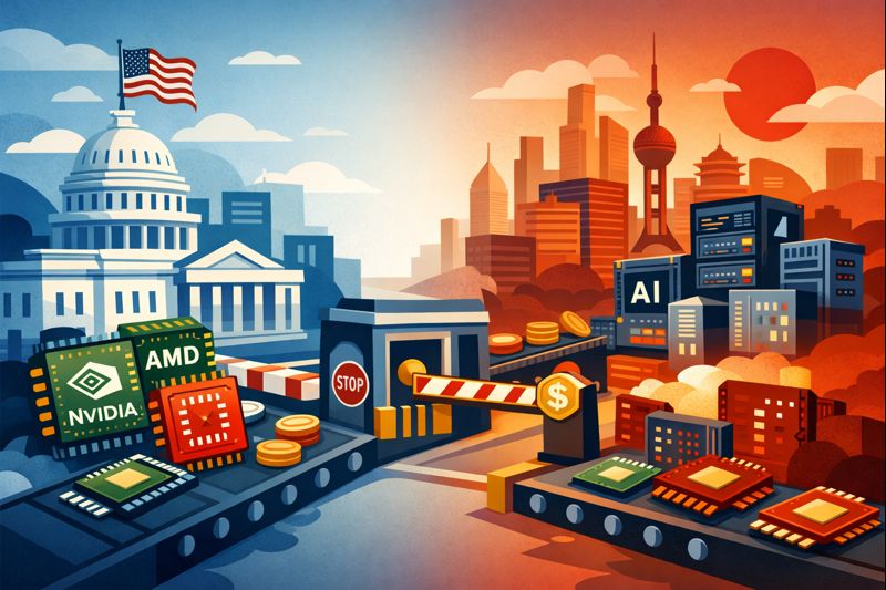 Illustration showing US–China semiconductor trade tensions, with chipmakers and trade barriers symbolizing new tariffs on technology exports.