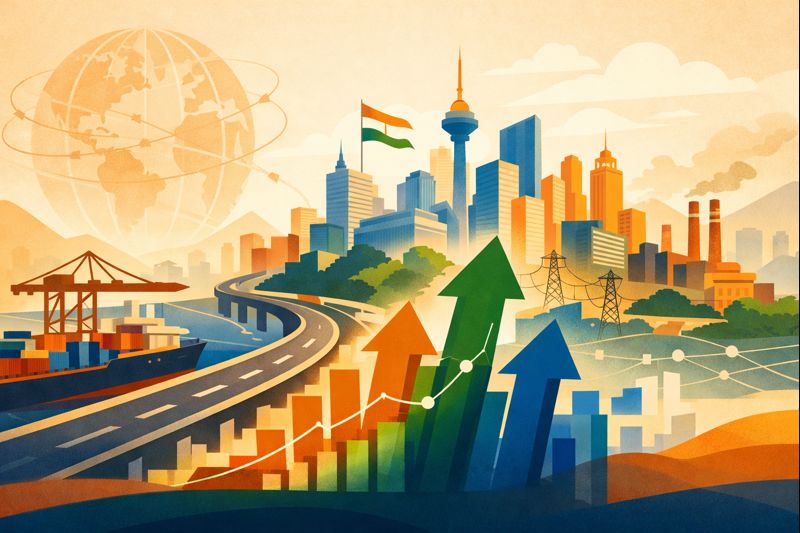 Flat vector illustration showing India’s expanding economy with infrastructure growth and upward trends symbolizing stronger GDP momentum.