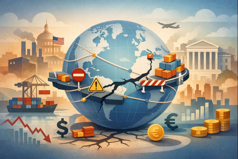 Illustration of the global economy under strain from rising trade tensions, with disrupted trade routes and economic symbols surrounding a fragile globe.