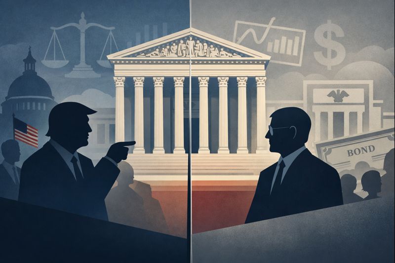 Illustration symbolizing a U.S. Supreme Court case that could affect Federal Reserve independence and global financial stability.