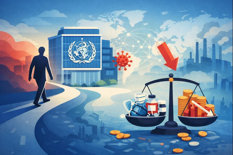 Vector illustration showing a country moving away from a global health organization, with medical and economic symbols visually explaining the impact on global health coordination and economic stability.