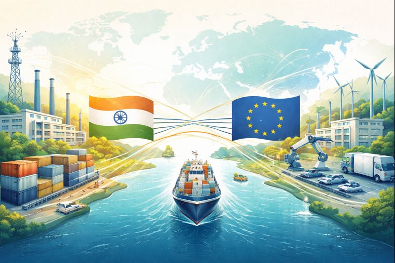 Illustration showing India and the European Union connected by global supply chains, symbolizing a landmark free trade agreement.