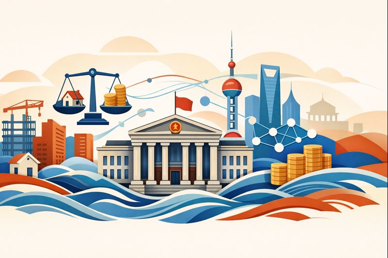 China’s central bank illustrated as stabilizing financial markets amid economic risks in a stylized vector cityscape.