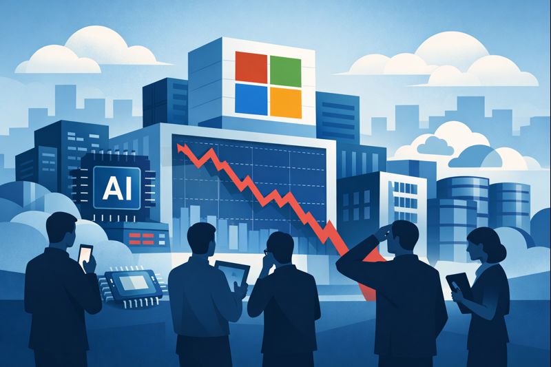 Flat vector illustration showing investors reacting to falling tech stock charts amid concerns over AI spending.