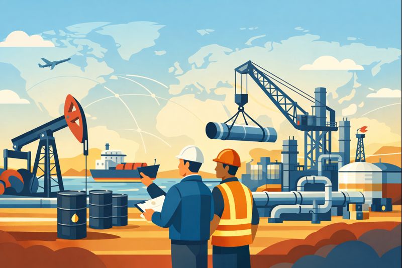 Flat vector illustration showing Venezuela’s oil infrastructure being rebuilt with oil rigs and pipelines, symbolizing renewed energy production and global market impact.